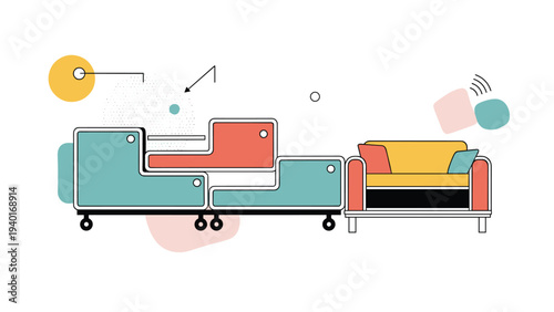 Modern modular furniture concepts featuring colorful geometric sofas and a bright yellow armchair for contemporary interior design.