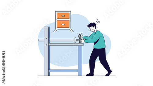 Man struggling with a large industrial clamp tool while working on a furniture project in a professional workshop or factory setting.