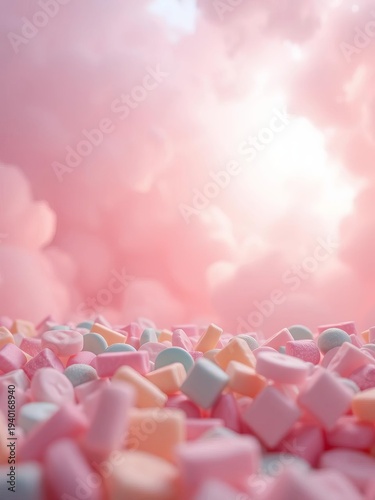 Pastel candy dreams unfurl from below, a soft, hazy landscape of sugary delight kissed by gentle, diffused illumination,  delight,  ethereal