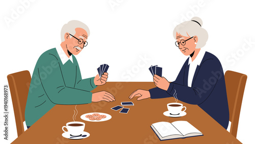 Elderly man and woman enjoying a friendly game of cards with tea and cookies at a wooden table in a cozy and comfortable home.