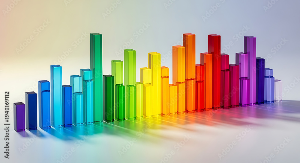 Fototapeta premium A colorful 3D bar graph with rainbow-colored bars on a white background