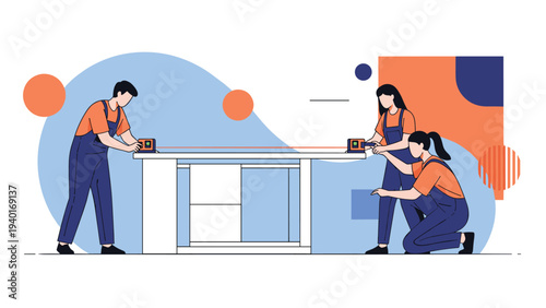 Three workers in a workshop using a professional laser level tool to measure a large work table with high precision and accuracy.