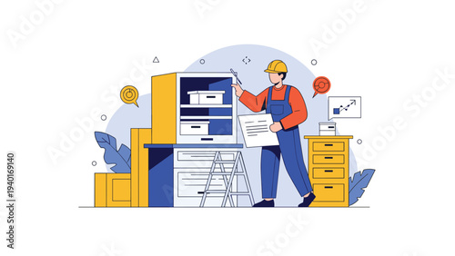 Warehouse employee checking stock levels and inventory on high shelves using a clipboard in a large logistics and shipping center.