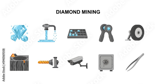 Ten icons related to diamond mining arranged in two rows of five against a white background