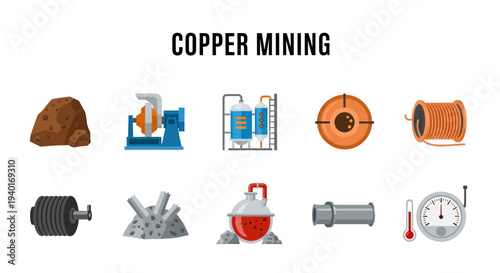 Graphic icons illustrating ten different stages or components related to copper mining