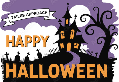 Happy Halloween haunted house illustration with graveyard bats moon and spooky tree, scary night vector holiday greeting design