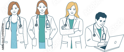 Healthcare professionals team illustration, doctors with stethoscope, medical staff characters, hospital workers, physician group, clinic healthcare concept, medicine professionals