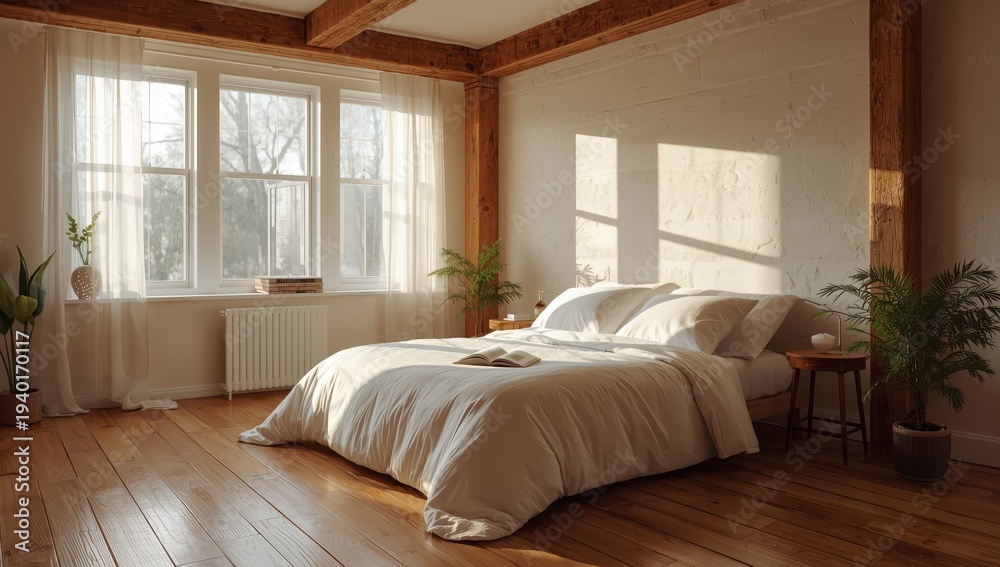 Fototapeta premium Attic bedroom featuring a white bed bathed in gentle winter morning light