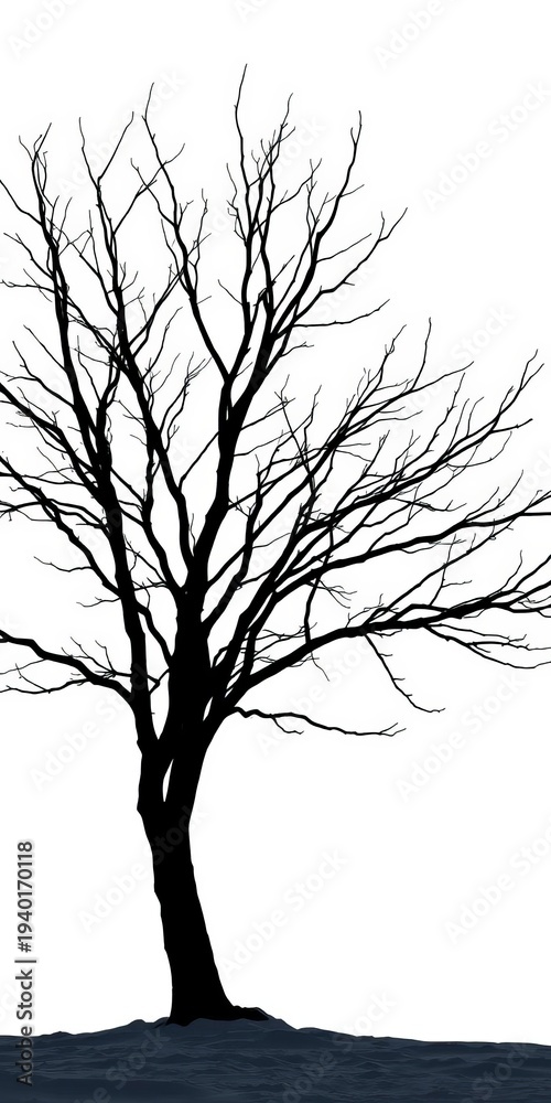 Obraz premium Silhouette of a barren winter tree against a stark white background, conveying a sense of dormancy and resilience, resilience, minimalism