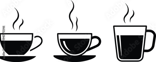 Hot coffee cup icon set with steam, tea mug beverage silhouettes collection, cafe drink symbols isolated vector illustration