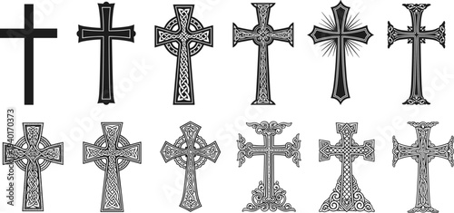 Christian cross collection decorative religious crosses ornate Celtic and vintage church symbol vector illustration set