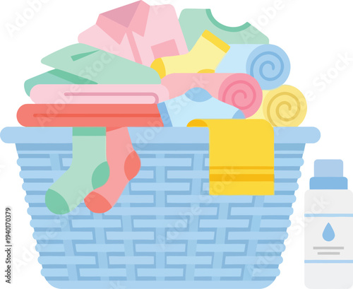 Laundry Basket with Dirty Clothes and Detergent Bottle Vector | Clean Flat Household Chores Illustration