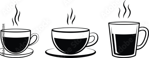 Hot coffee cup icon collection with steam, tea mug beverage silhouettes set, cafe drink symbols isolated vector illustration
