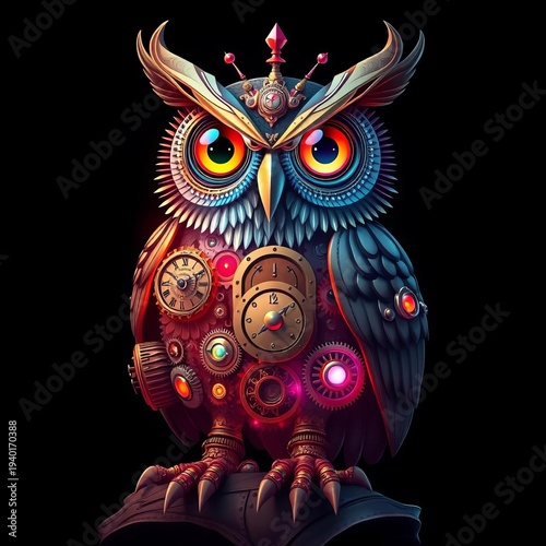 Fantastical creature design of a steampunk owl, its body adorned with gears, clockwork, and glowing lenses,  owl,  adorned