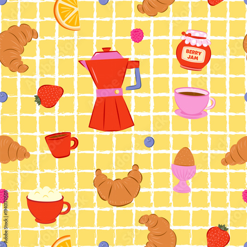 Seamless Breakfast Pattern with Coffee, Croissants, and Berries on Yellow Background