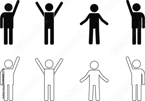 Human stick figure icons set with raised hands gestures, simple people pictogram collection, minimal person symbols for signage infographic vector isolated on white background