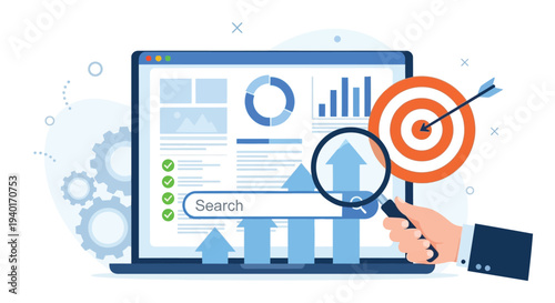 Business data analysis concept with laptop showing financial charts graphs magnifying glass searching information target arrow and hand holding loupe