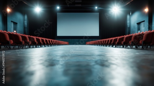 An empty theater featuring rows of red seats under dim lighting, invoking anticipation and excitement for future performances within a captivating artistic space.