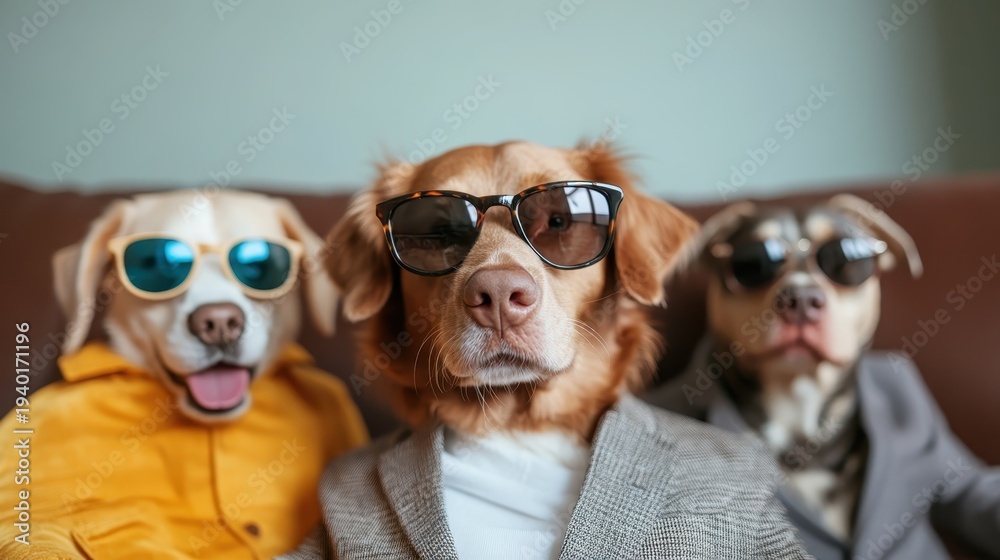Fototapeta premium This amusing image features three stylish dogs dressed in dapper outfits and sunglasses, showcasing their playful personalities and charm in a cozy setting.