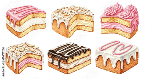 Watercolor Cream Layer Cake Slices Set, Strawberry Vanilla Chocolate Bakery Desserts Illustration Isolated