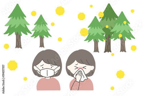 Woman With Hay Fever Wearing a Mask and Blowing Her Nose, Pollen Season