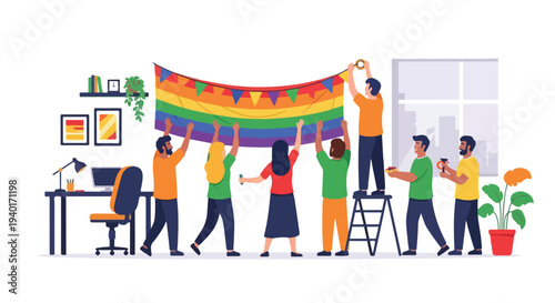 Illustration of a diverse group of people hanging a large rainbow flag in a modern office with a desk, chair, and plants, conveying a sense of inclusivity and celebration.