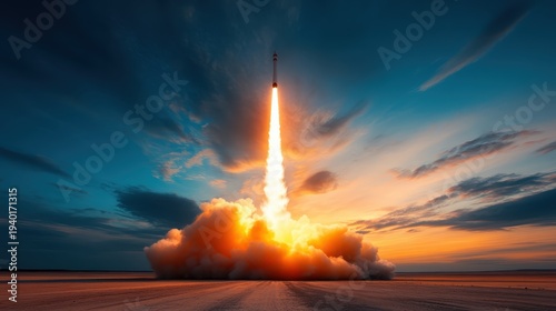 A powerful rocket ignites with force as it takes off at sunset, sending plumes of smoke and fire upward into a stunning sky filled with colors, representing human ambition and innovation.