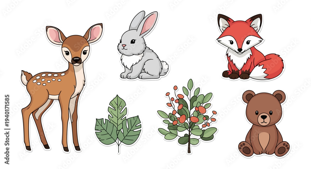 Fototapeta premium Cute forest animals and plants for kids