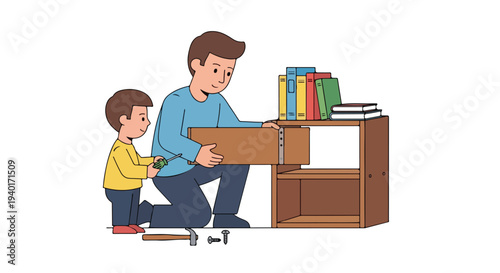 A man and a young boy assembling furniture together in a room with books on top, against a clean white background with a casual and helpful mood.