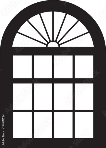 Black arched window with fanlight and grid of twelve panes