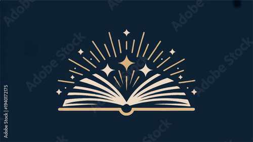 Open book with radiant lines and stars on dark background symbolizing knowledge and inspiration