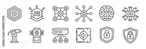 AI control center and security icons – Perfect for digital encryption, automation tools, or network nodes.