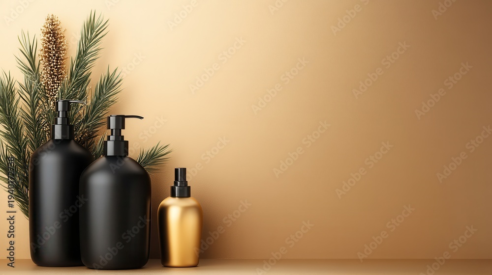 Fototapeta premium Stylish black and gold cosmetic bottles are artfully arranged against a chic background, representing luxury self-care and modern aesthetics in beauty routines and personal care.