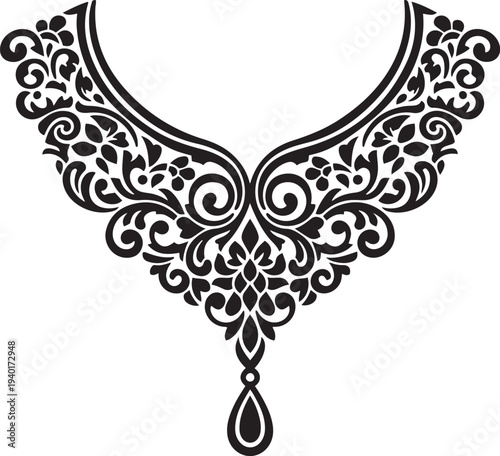 Black ornamental floral with teardrop pendant on white background decorative pattern