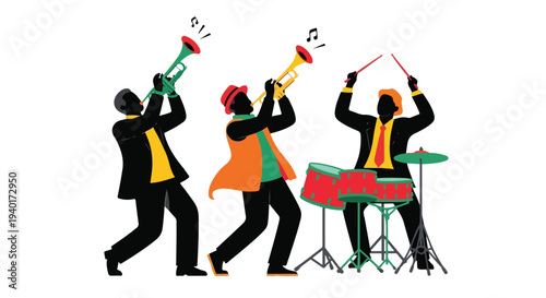 Silhouette illustration of a lively music band performing with a trumpet, trombone, and drum set against a clean white background.