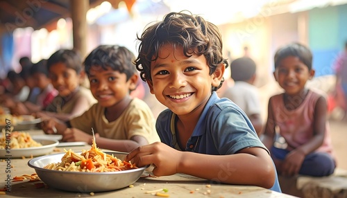 Joyful Children Sharing a Meal - A Moment of Happiness.