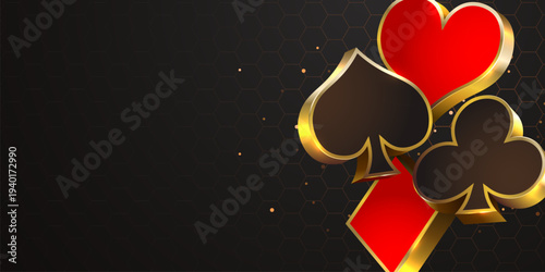 Golden 3D playing card suits on a dark, luxurious background for casino and game design. Vector illustration