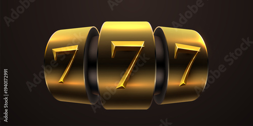 Golden three sevens on slot machine reels for a casino jackpot. A symbol of luck and big win. Vector illustration