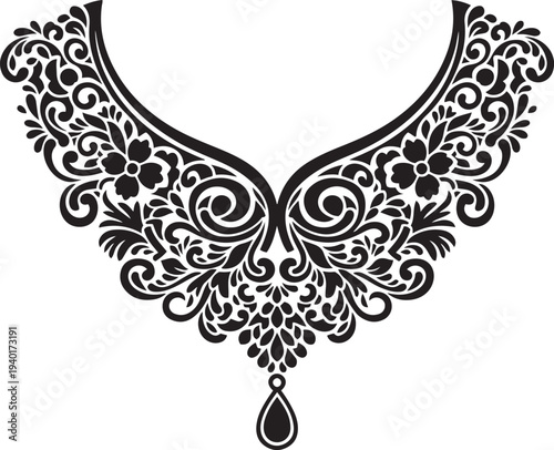 Black ornate floral necklace with teardrop pendant white