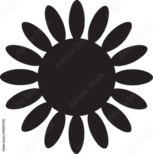 Black silhouette of a stylized flower with rounded petals on a white background