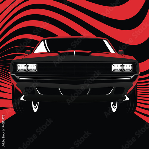 Classic muscle car racing with futuristic red and black wave background