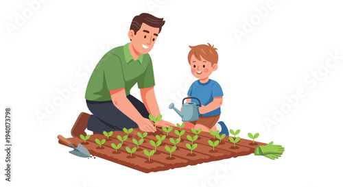Illustration of a man and a boy planting seedlings on a brown mat against a white background with a warm and nurturing mood.