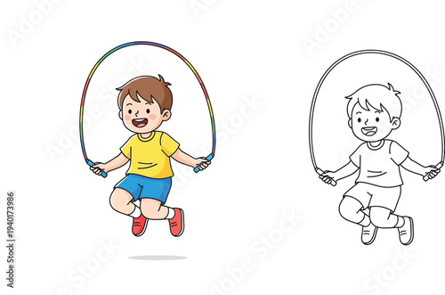 Cute happy boy jumping rope cartoon vector illustration. Includes colored version and black and white line art outline for kids coloring book page.