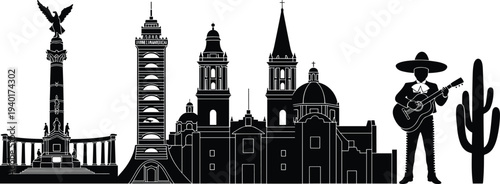 Mexico city skyline silhouette with landmarks mariachi guitarist cactus and historic architecture vector illustration set