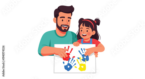 A cheerful man and a young girl painting handprints on a white canvas with colorful paints.
