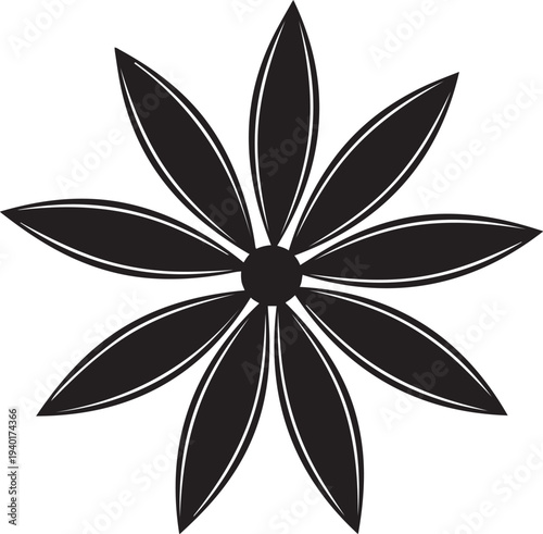 Black stylized flower with eight pointed petals and white outlines