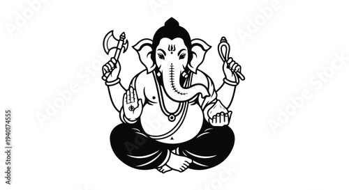 Black and white illustration of Ganesha sitting cross-legged with multiple arms holding objects against a plain white background.