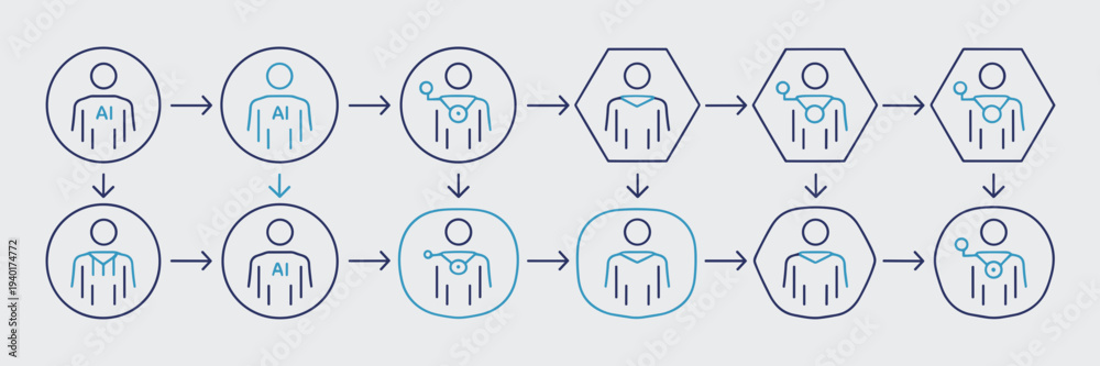Fototapeta premium Systematic AI workflow shift and transformation icons – Ideal for tech-forward business models, AI adoption roadmaps, or digital design.