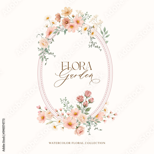 Floral garden, a watercolor illustration of an oval floral frame in a light and airy style