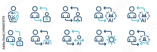 Human to AI workflow transformation icon set – Perfect for change management presentations, automation guides, or future of work content.